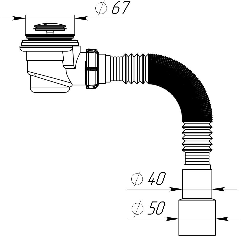 V465 Сифон для душевого поддона 1½ хром D50мм клик-клак мет.сетка, высота 65мм с гофротрубой 40х40-50 фото-7