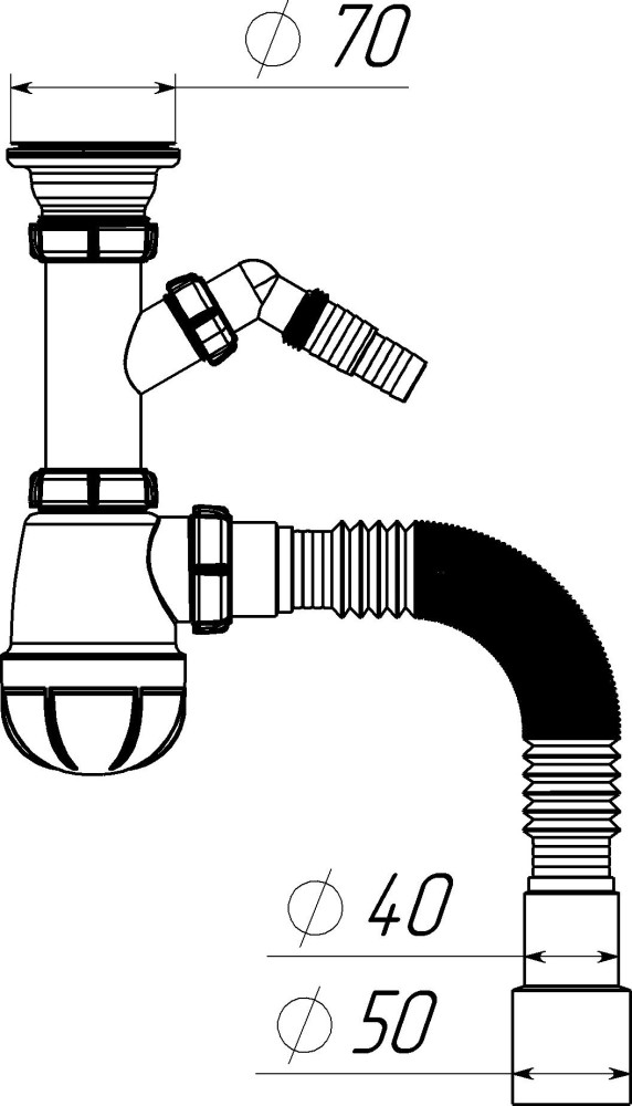 B1025 Сифон для кухни 1½&quot;х40 с отводом для стиральной машины с гофротрубой 40х40-50 фото-7