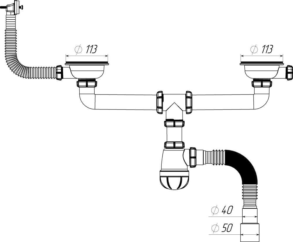 D0148 Сифон для мойки сдвоенный 3½&quot;х40 с прямоугольным переливом и гофротрубой 40х40-50 фото-7