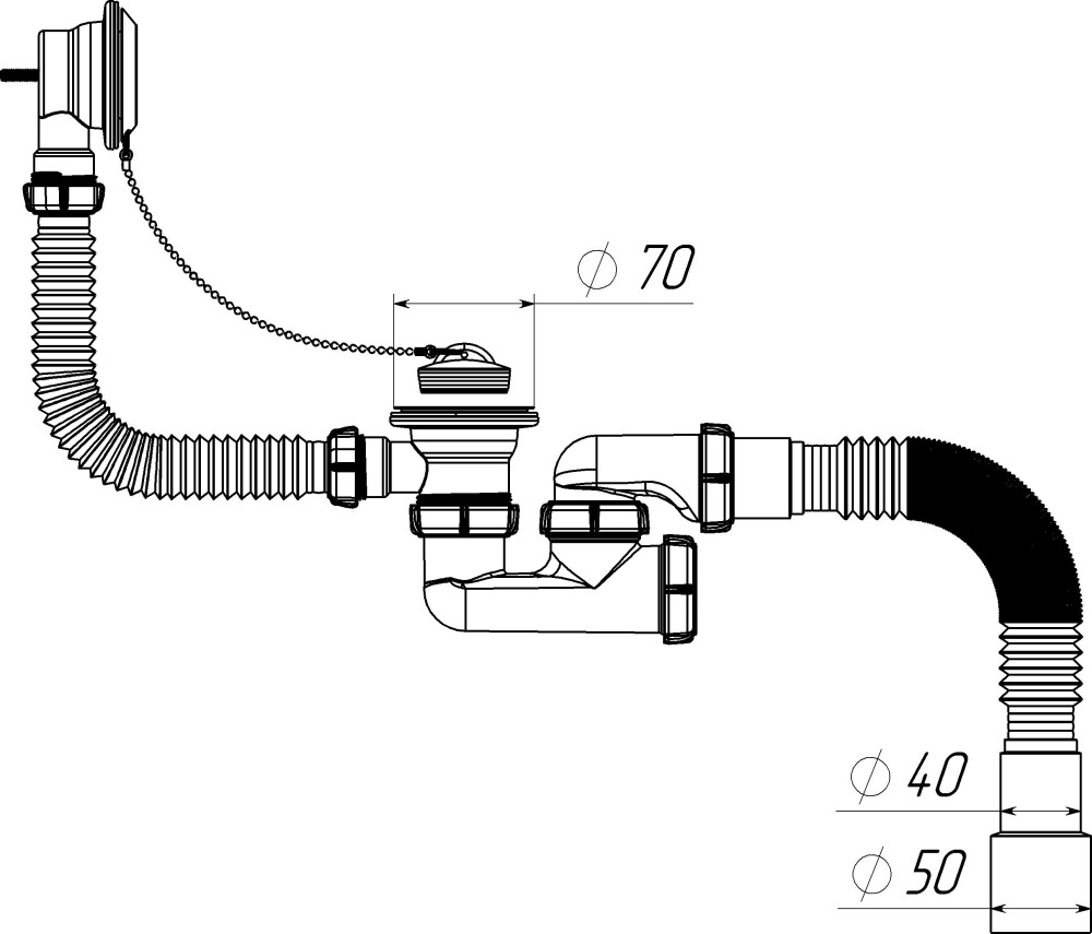 V255 Сифон для ванны 1½х40 регулируемый с выпуском, переливом и гофротрубой 40х40-50 фото-7 V255 Сифон для ванны 1½х40 регулируемый с выпуском, переливом и гофротрубой 40х40-50 фото-7