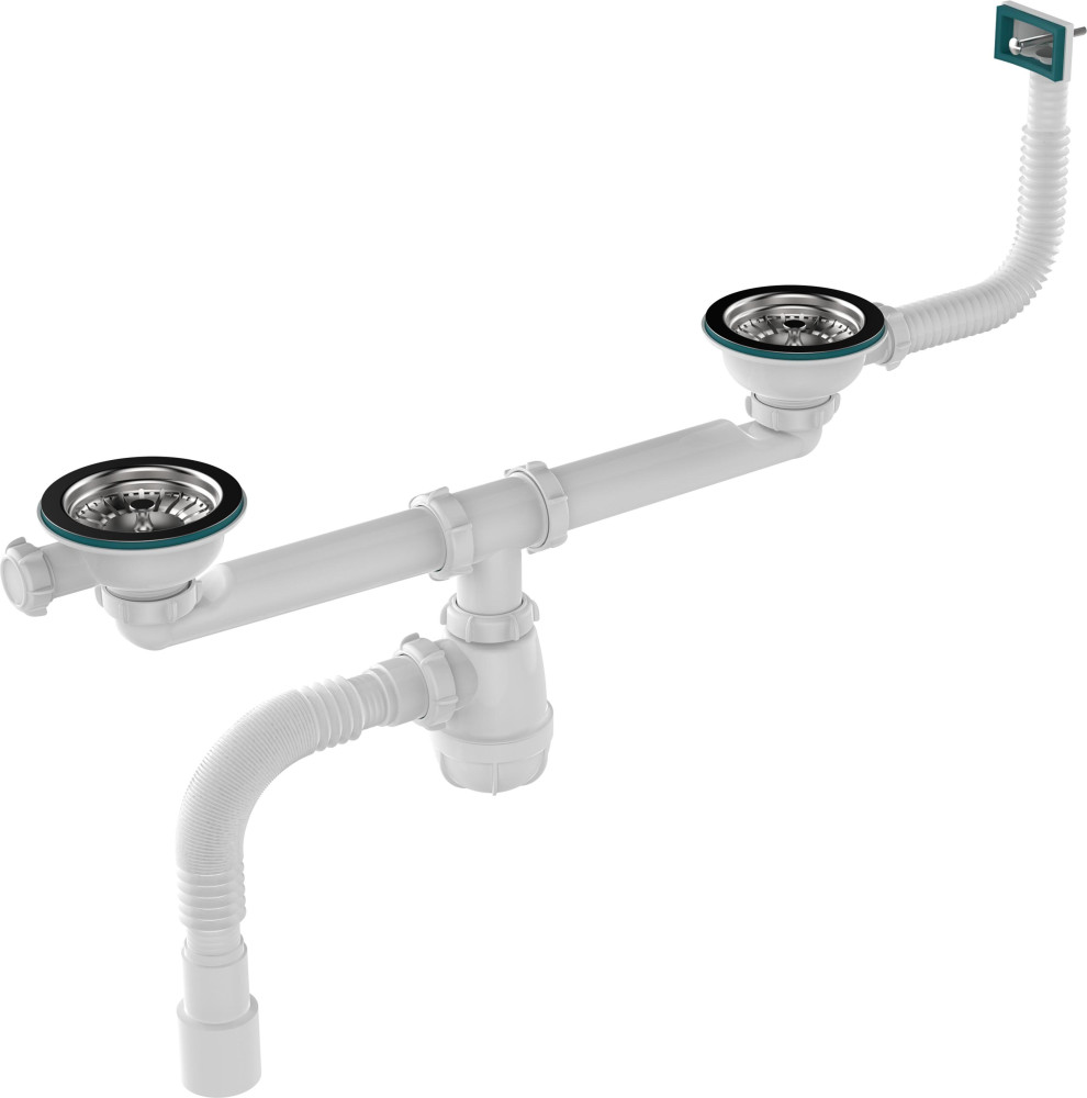 D0148 Сифон для мойки сдвоенный 3½&quot;х40 с прямоугольным переливом и гофротрубой 40х40-50 - фото1