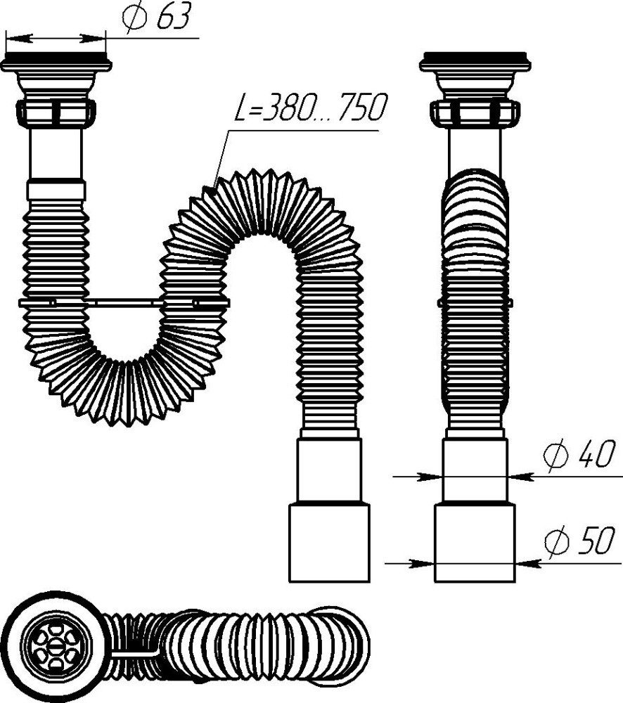 F203 Гофросифон 1¼х40-50 с металлической решеткой 380-750 мм. фото-8