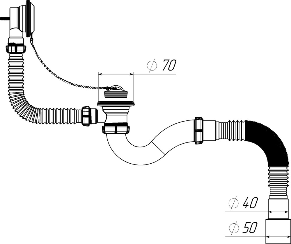 V155 Сифон для ванны 1½х40 с выпуском, переливом и гофротрубой 40х40-50 фото-3