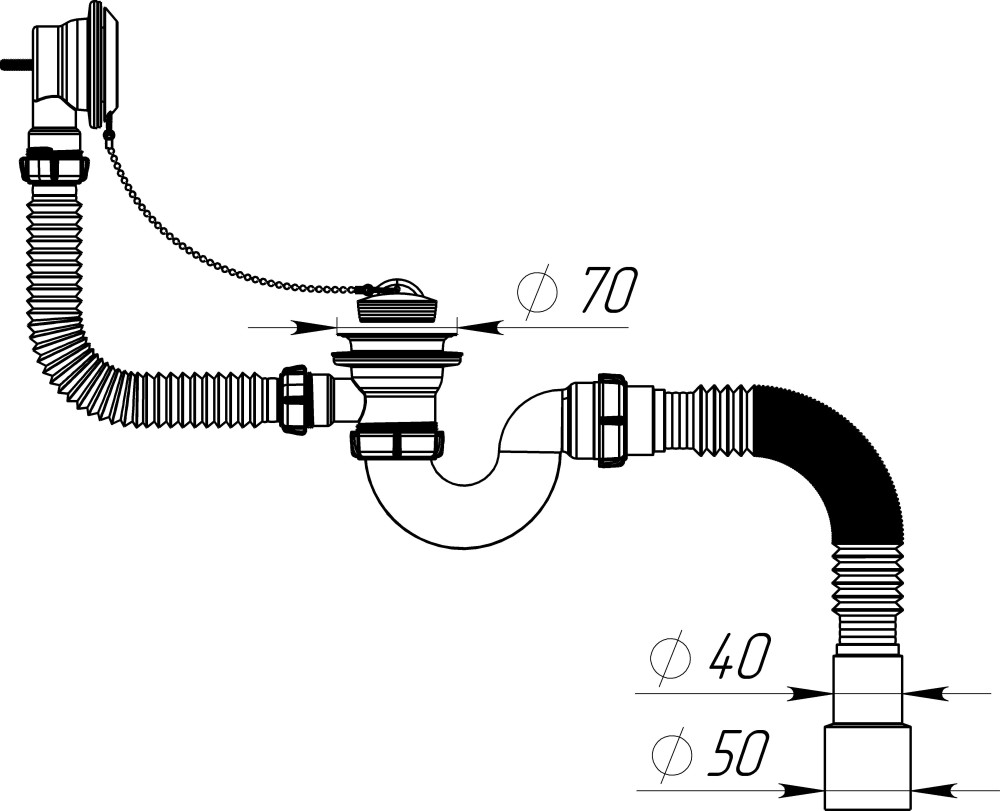 V155 Сифон для ванны 1½х40 с выпуском, переливом и гофротрубой 40х40-50 фото-8