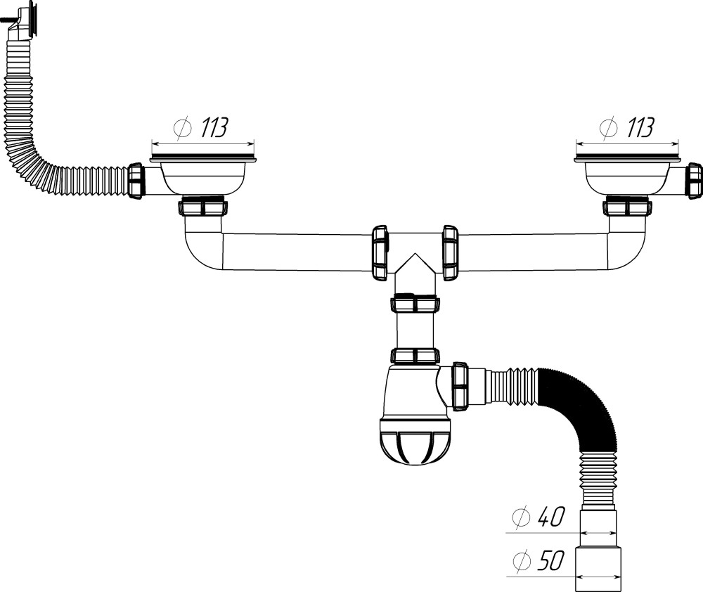D0139 Сифон для мойки сдвоенный 3½&quot;х40 с круглым переливом и гофротрубой 40х40-50 фото-7