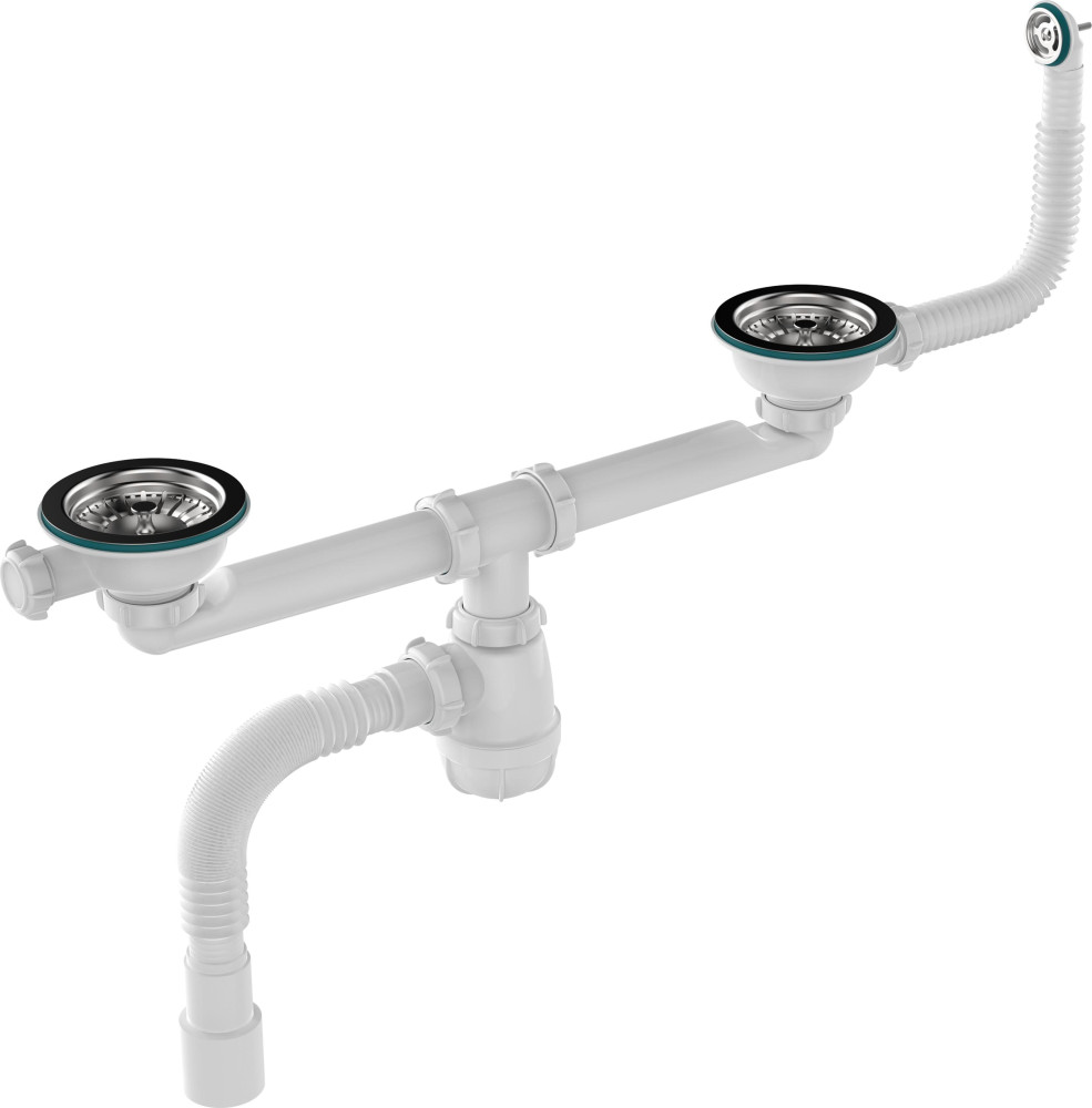 D0139 Сифон для мойки сдвоенный 3½&quot;х40 с круглым переливом и гофротрубой 40х40-50 - фото1