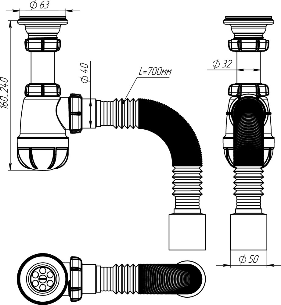 S1010 Сифон для умывальника 1¼х40 с гофротрубой 40х50 фото-8