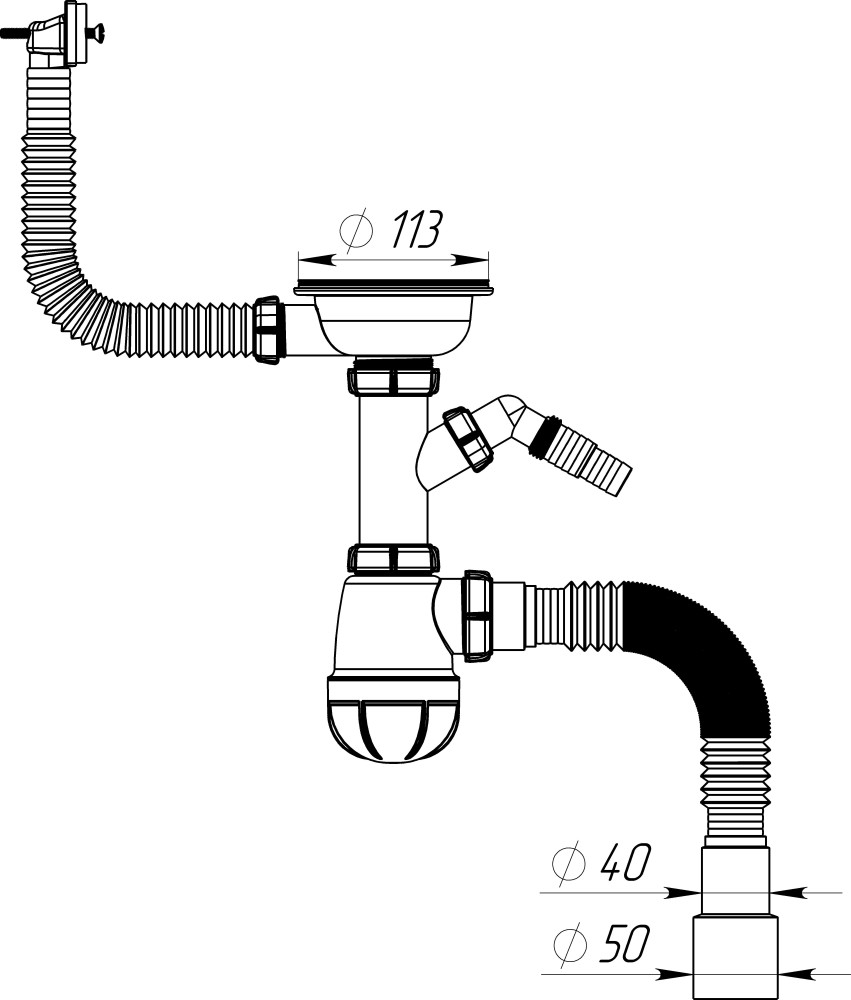 B0147 Сифон для мойки 3½х40 с прямоугольным переливом, отводом для стир. маш. и гофротрубой 40х40-50 фото-5