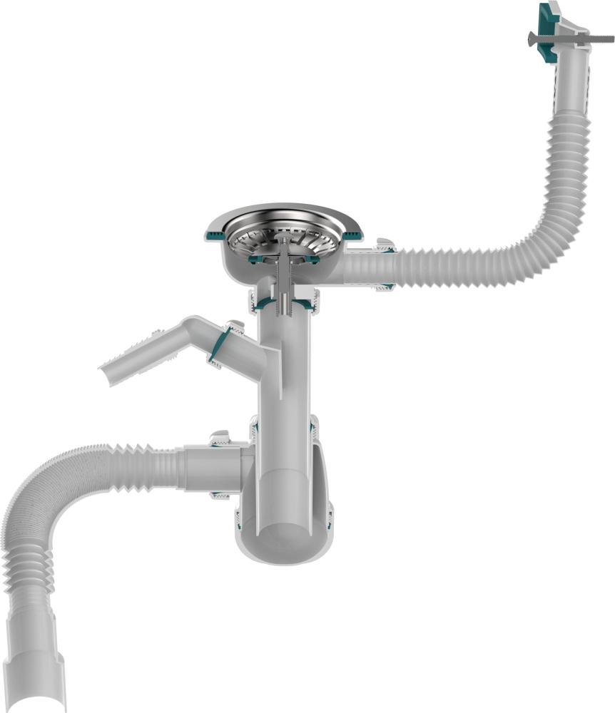 B0147 Сифон для мойки 3½"х40 с прямоугольным переливом, отводом для стир. маш. и гофротрубой 40х40-50 фото-5