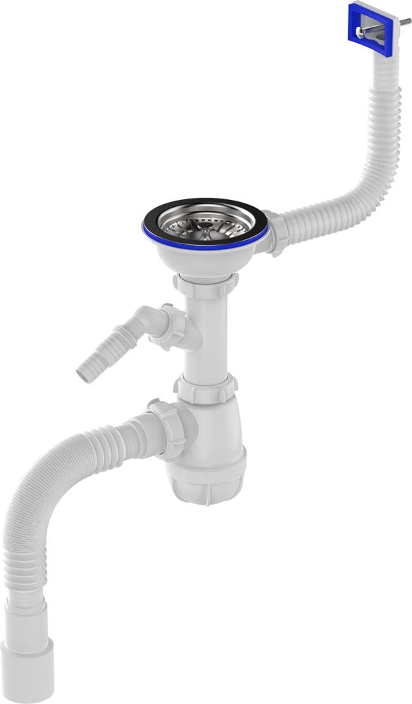B0147 Сифон для мойки 3½"х40 с прямоугольным переливом, отводом для стир. маш. и гофротрубой 40х40-50 - фото1