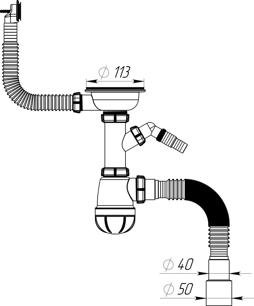 B0140 Сифон для мойки 3½"х40 с круглым переливом, отводом для стир. маш. и гофротрубой 40х40-50 фото-6