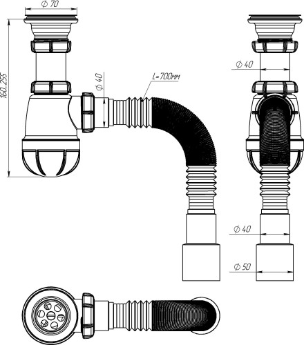 B0115 Сифон для кухни 1½"х40 с гибкой трубой 40х40-50 - фото