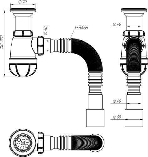 B0515 Сифон для кухни 1½"х40 с удлинённой горловиной с гофротрубой 40х40-50 - фото