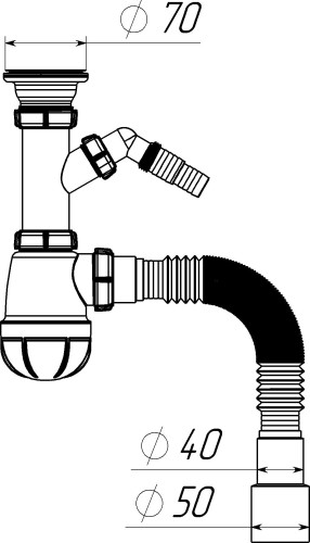 B1025 Сифон для кухни 1½"х40 с отводом для стиральной машины с гофротрубой 40х40-50 - фото