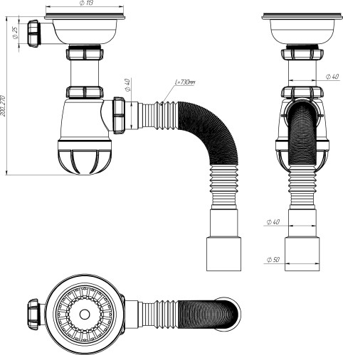 B0144 Сифон для мойки 3½"х40 с гофротрубой 40х40-50 - фото