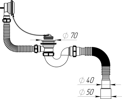 V155 Сифон для ванны 1½"х40 с выпуском, переливом и гофротрубой 40х40-50 - фото