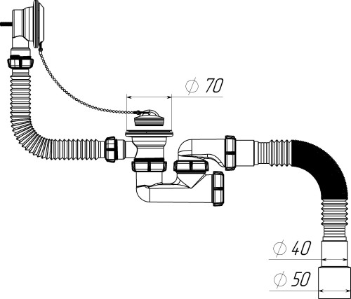 V255 Сифон для ванны 1½"х40 регулируемый с выпуском, переливом и гофротрубой 40х40-50 - фото