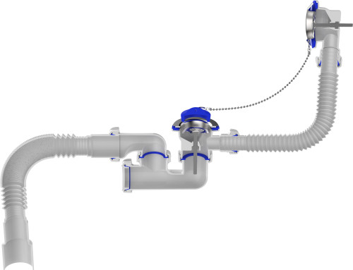 V255 Сифон для ванны 1½"х40 регулируемый с выпуском, переливом и гофротрубой 40х40-50 - фото