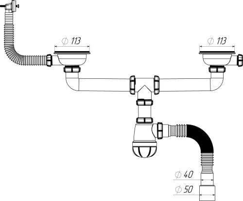 D0148 Сифон для мойки сдвоенный 3½"х40 с прямоугольным переливом и гофротрубой 40х40-50 - фото