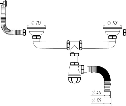 D0139 Сифон для мойки сдвоенный 3½"х40 с круглым переливом и гофротрубой 40х40-50 - фото