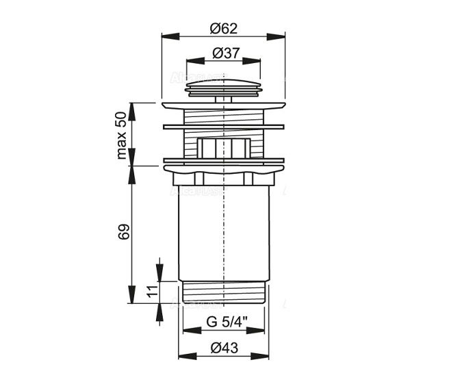 Донный клапан Alcaplast ClickClack 5/4 цельнометалический с переливом и малой заглушкой, A391-BL-01 - фото2