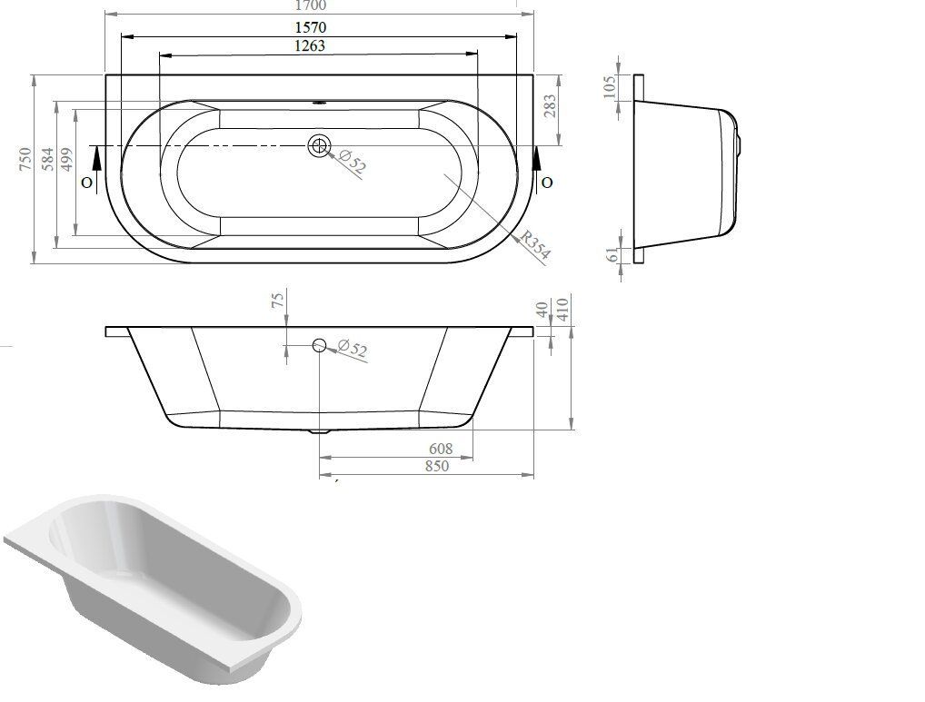 Ванна акриловая Bonito Home Aura пристенная 170х75 с ножками + панель для ванны - фото2 Ванна акриловая Bonito Home Aura пристенная 170х75 с ножками + панель для ванны - фото2