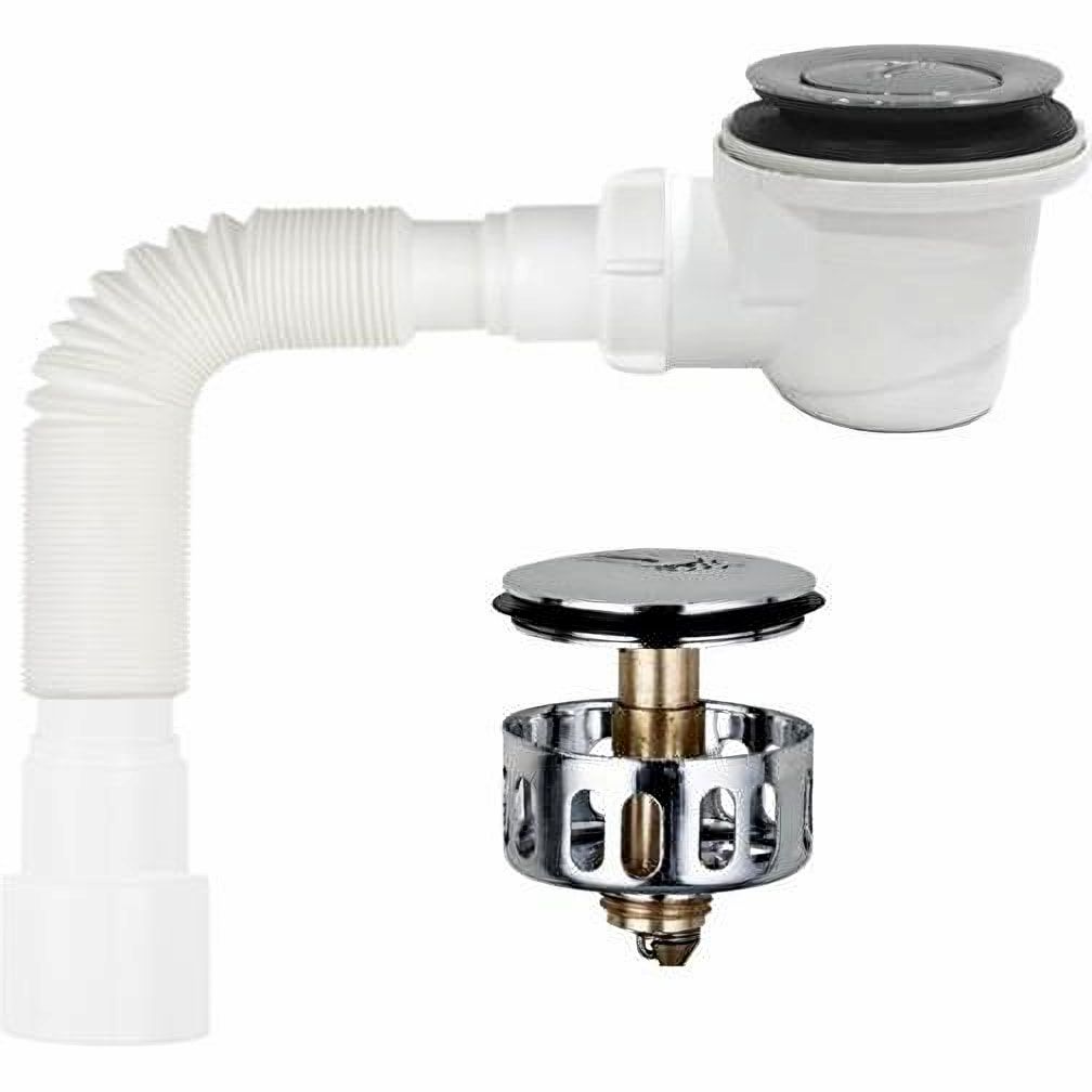 V465 Сифон для душевого поддона 1½ хром D50мм клик-клак мет.сетка, высота 65мм с гофротрубой 40х40-50 - фото1