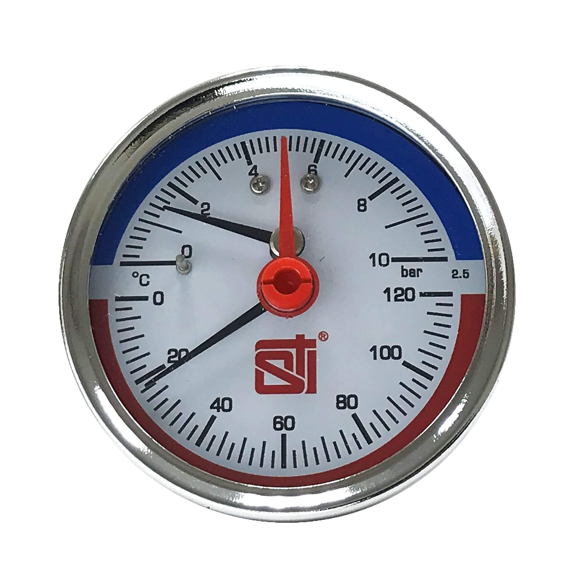 Термоманометр аксиальный STI ∅63 120°C 10 bar УП (G½) - фото1