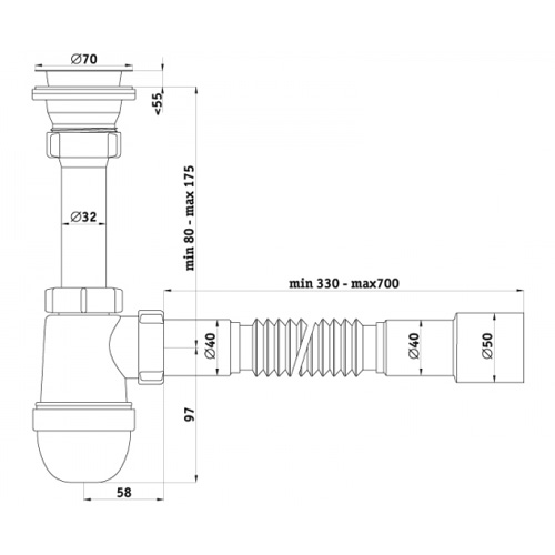 S0115 Сифон для умывальника 1½х40 с гофротрубой 40х40-50 - фото2