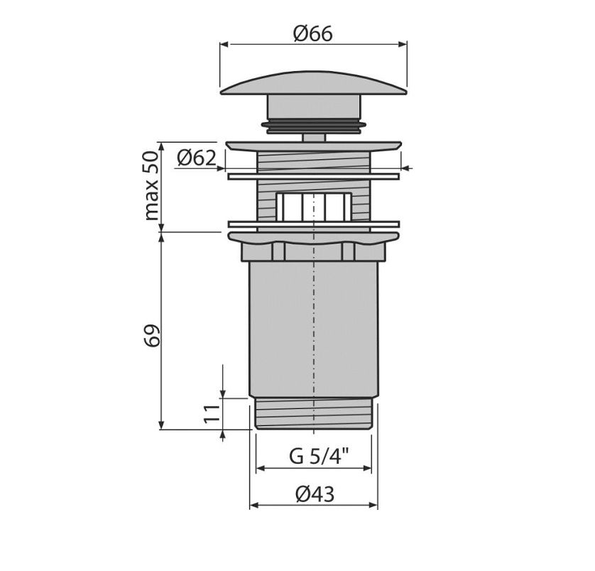 Донный клапан Alcaplast ClickClack 5/4 цельнометалический с переливом и большой заглушкой, A392C-BL-01 - фото2