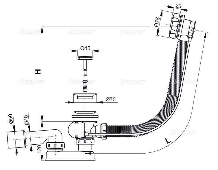 Сифон для ванны Alcaplast автомат металл, A55K-BL-01 - фото2